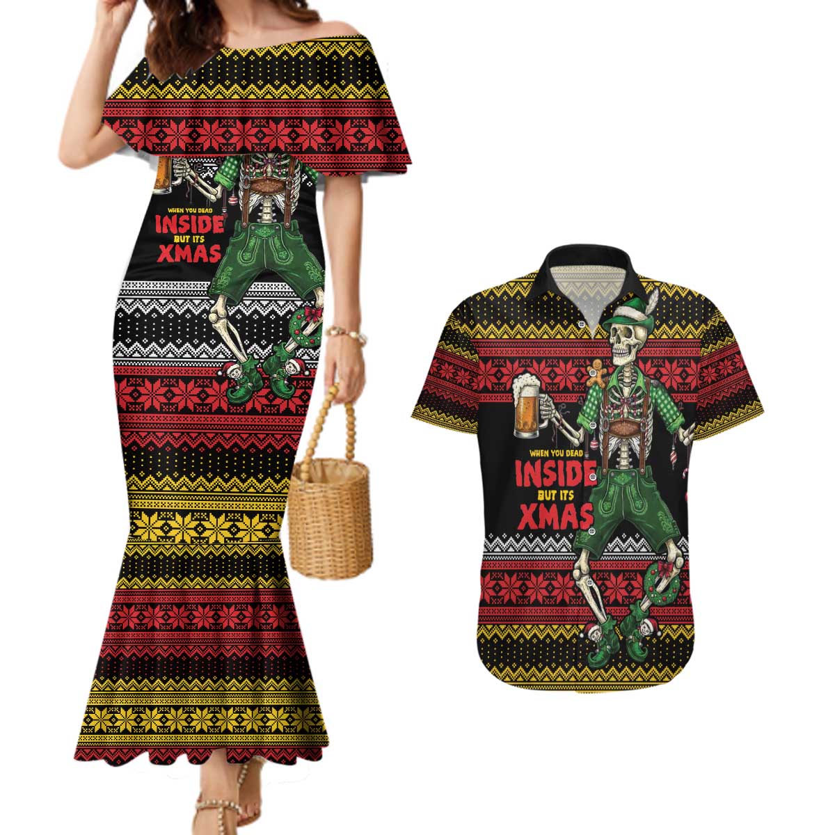 Lederhosen Skeleton Dance Couples Matching Mermaid Dress and Hawaiian Shirt Bavarian Gothic Christmas - Wonder Print Shop