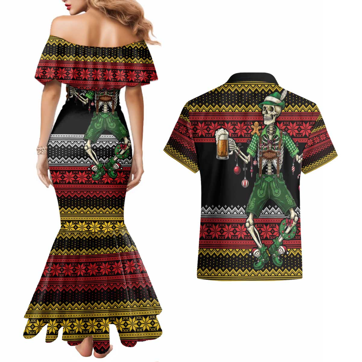 Lederhosen Skeleton Dance Couples Matching Mermaid Dress and Hawaiian Shirt Bavarian Gothic Christmas - Wonder Print Shop