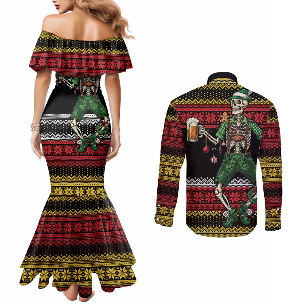 Lederhosen Skeleton Dance Couples Matching Mermaid Dress and Long Sleeve Button Shirt Bavarian Gothic Christmas - Wonder Print Shop