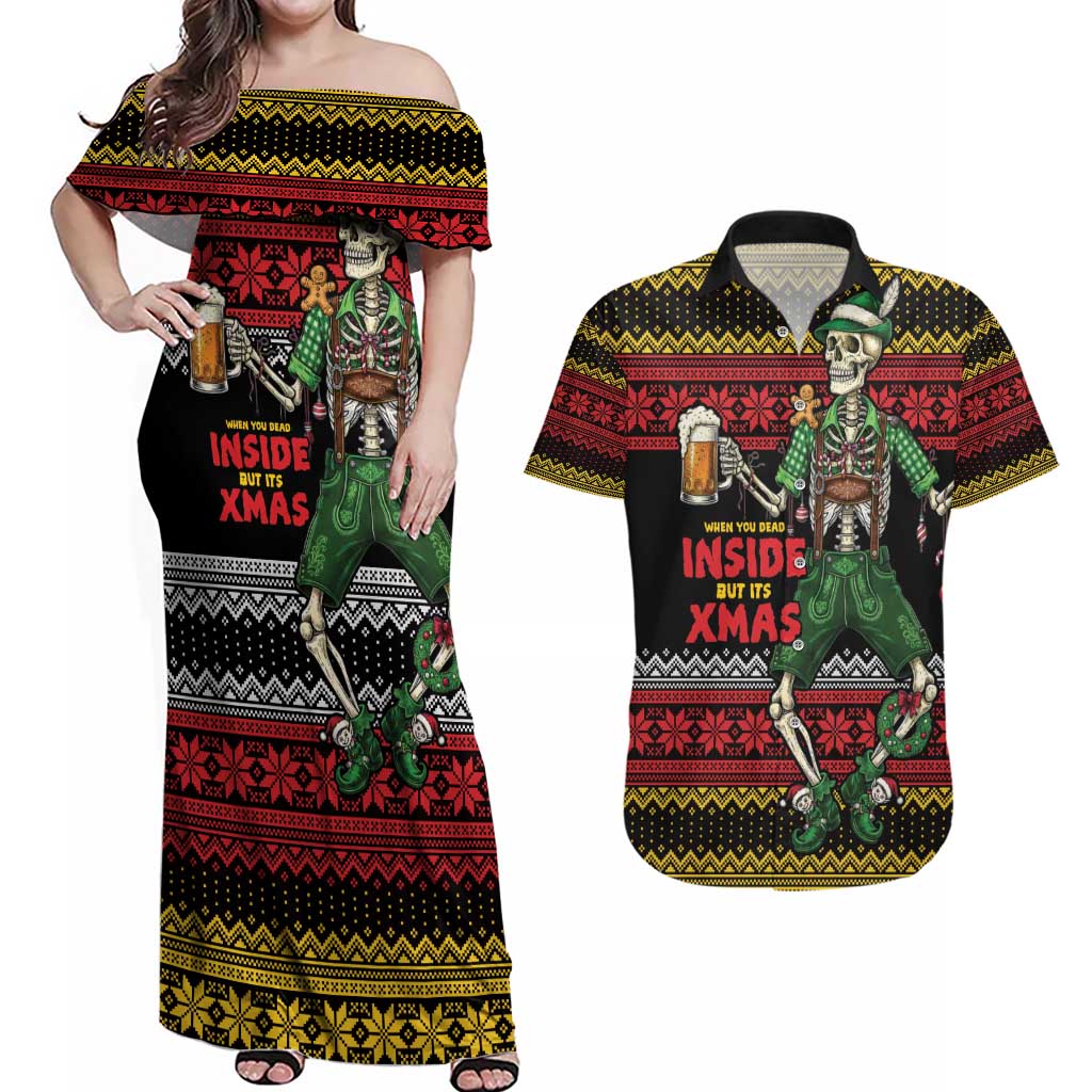 Lederhosen Skeleton Dance Couples Matching Off Shoulder Maxi Dress and Hawaiian Shirt Bavarian Gothic Christmas - Wonder Print Shop