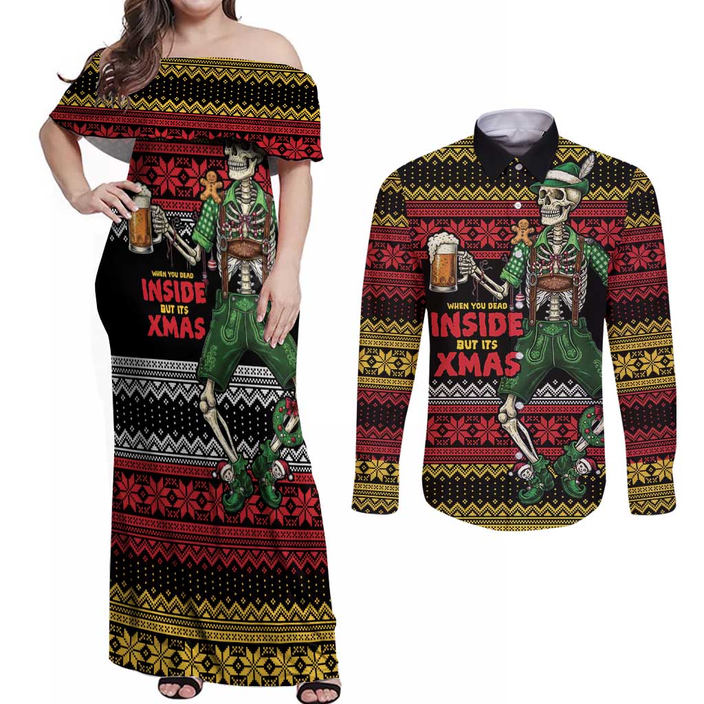 Lederhosen Skeleton Dance Couples Matching Off Shoulder Maxi Dress and Long Sleeve Button Shirt Bavarian Gothic Christmas - Wonder Print Shop