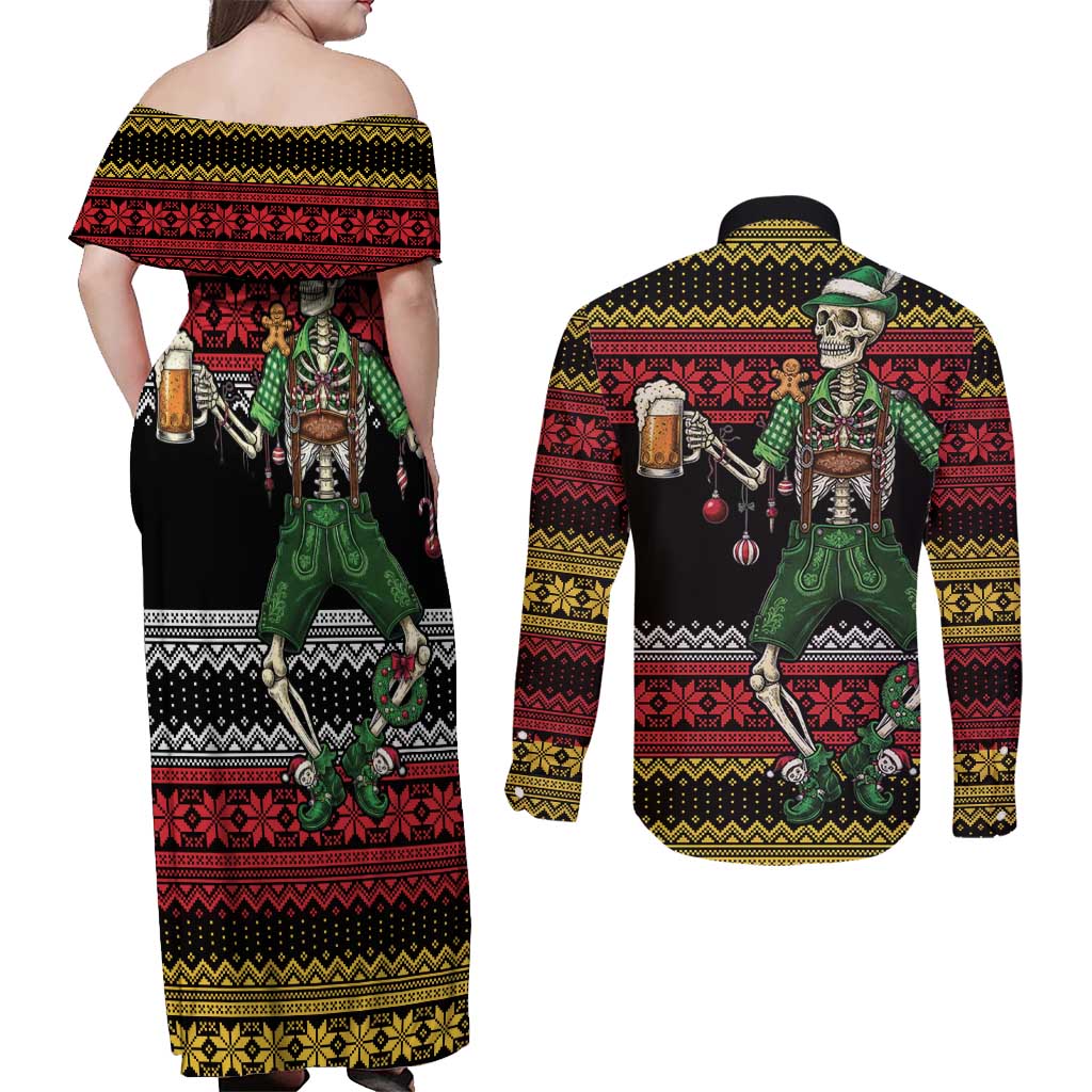 Lederhosen Skeleton Dance Couples Matching Off Shoulder Maxi Dress and Long Sleeve Button Shirt Bavarian Gothic Christmas - Wonder Print Shop
