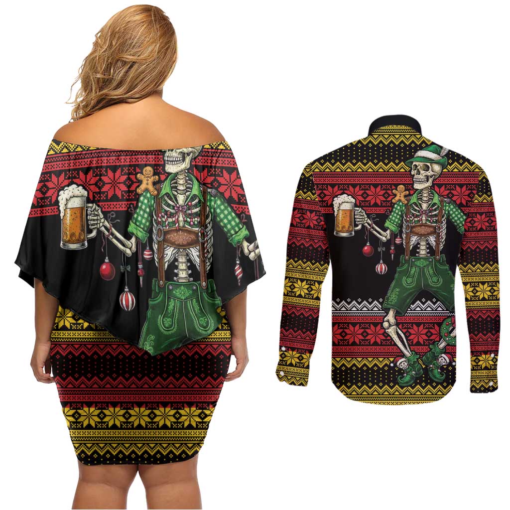 Lederhosen Skeleton Dance Couples Matching Off Shoulder Short Dress and Long Sleeve Button Shirt Bavarian Gothic Christmas - Wonder Print Shop