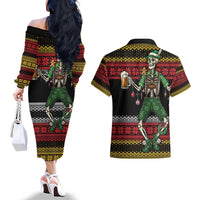 Lederhosen Skeleton Dance Couples Matching Off The Shoulder Long Sleeve Dress and Hawaiian Shirt Bavarian Gothic Christmas - Wonder Print Shop