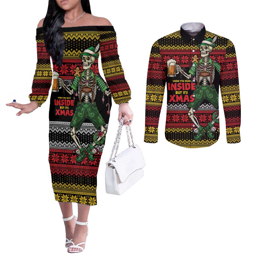 Lederhosen Skeleton Dance Couples Matching Off The Shoulder Long Sleeve Dress and Long Sleeve Button Shirt Bavarian Gothic Christmas - Wonder Print Shop