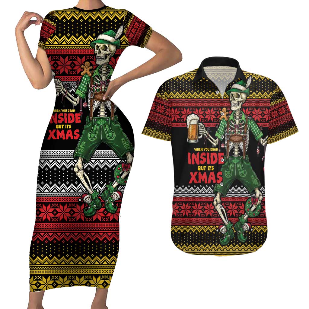 Lederhosen Skeleton Dance Couples Matching Short Sleeve Bodycon Dress and Hawaiian Shirt Bavarian Gothic Christmas - Wonder Print Shop
