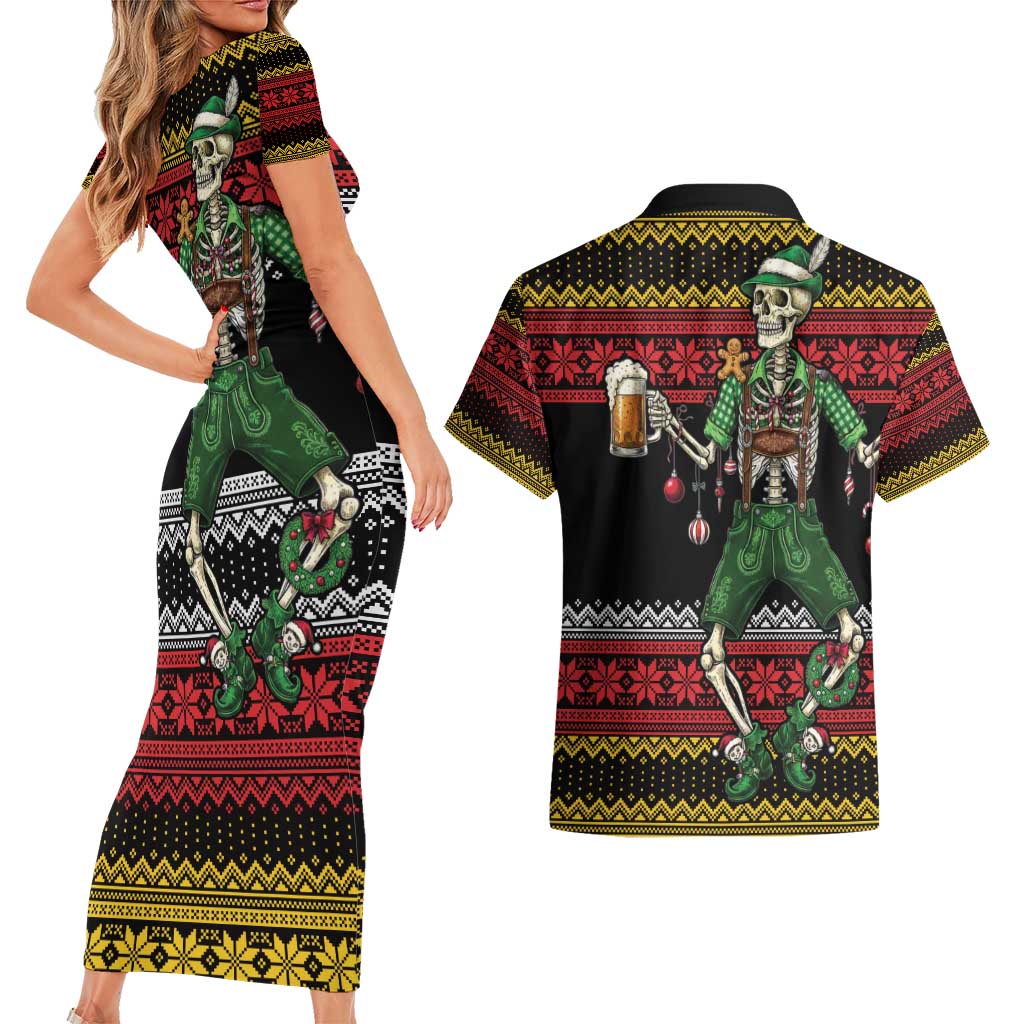 Lederhosen Skeleton Dance Couples Matching Short Sleeve Bodycon Dress and Hawaiian Shirt Bavarian Gothic Christmas - Wonder Print Shop