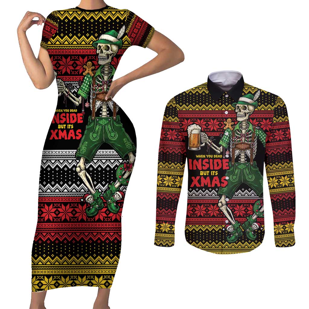 Lederhosen Skeleton Dance Couples Matching Short Sleeve Bodycon Dress and Long Sleeve Button Shirt Bavarian Gothic Christmas - Wonder Print Shop
