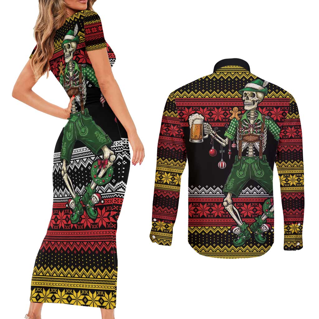 Lederhosen Skeleton Dance Couples Matching Short Sleeve Bodycon Dress and Long Sleeve Button Shirt Bavarian Gothic Christmas - Wonder Print Shop