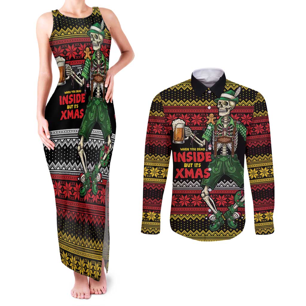Lederhosen Skeleton Dance Couples Matching Tank Maxi Dress and Long Sleeve Button Shirt Bavarian Gothic Christmas - Wonder Print Shop