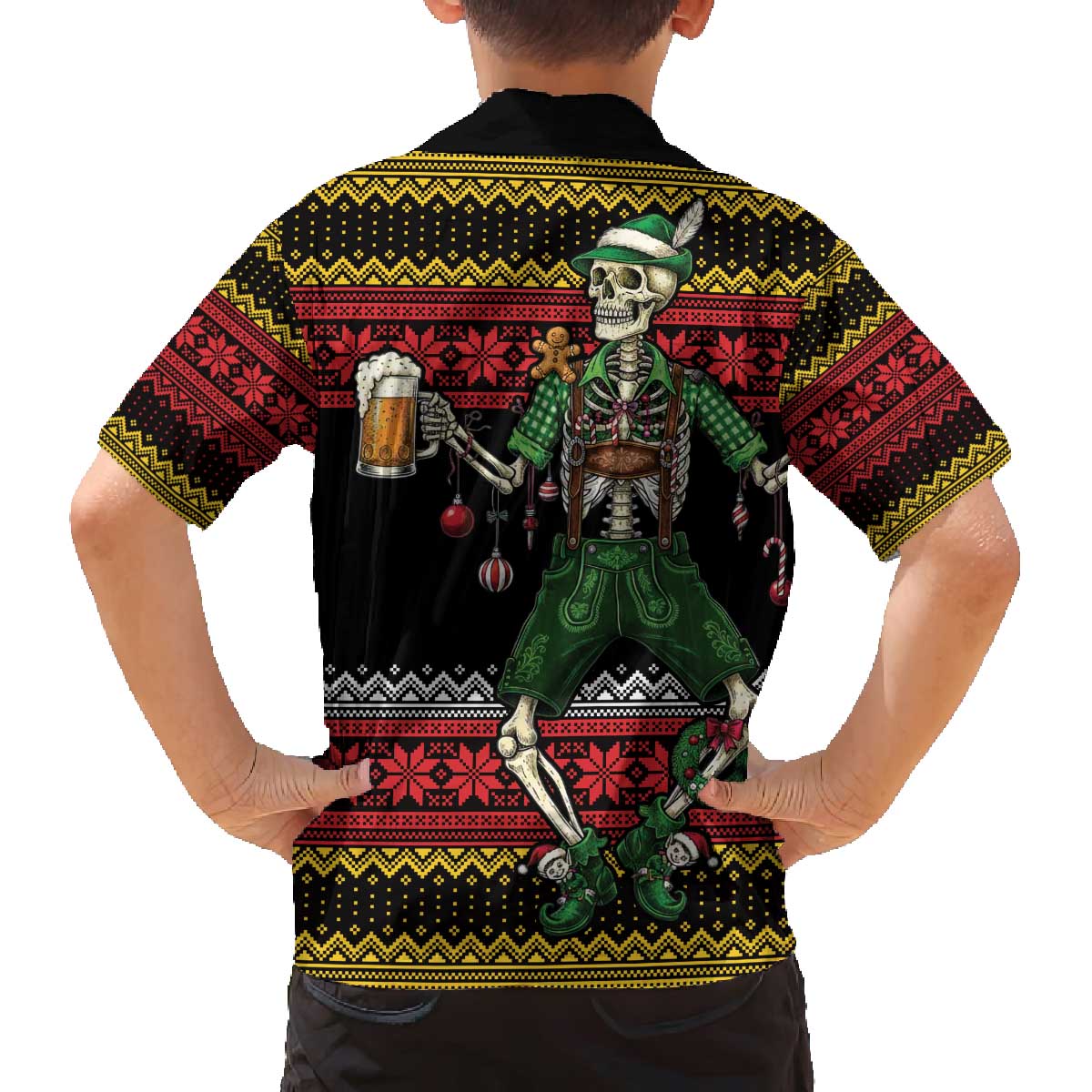 Lederhosen Skeleton Dance Family Matching Off The Shoulder Long Sleeve Dress and Hawaiian Shirt Bavarian Gothic Christmas - Wonder Print Shop