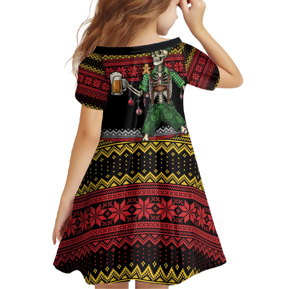 Lederhosen Skeleton Dance Family Matching Off The Shoulder Long Sleeve Dress and Hawaiian Shirt Bavarian Gothic Christmas - Wonder Print Shop