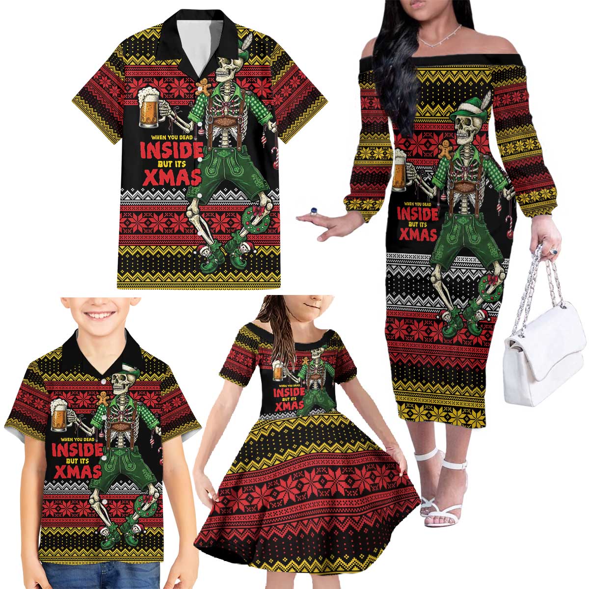 Lederhosen Skeleton Dance Family Matching Off The Shoulder Long Sleeve Dress and Hawaiian Shirt Bavarian Gothic Christmas - Wonder Print Shop