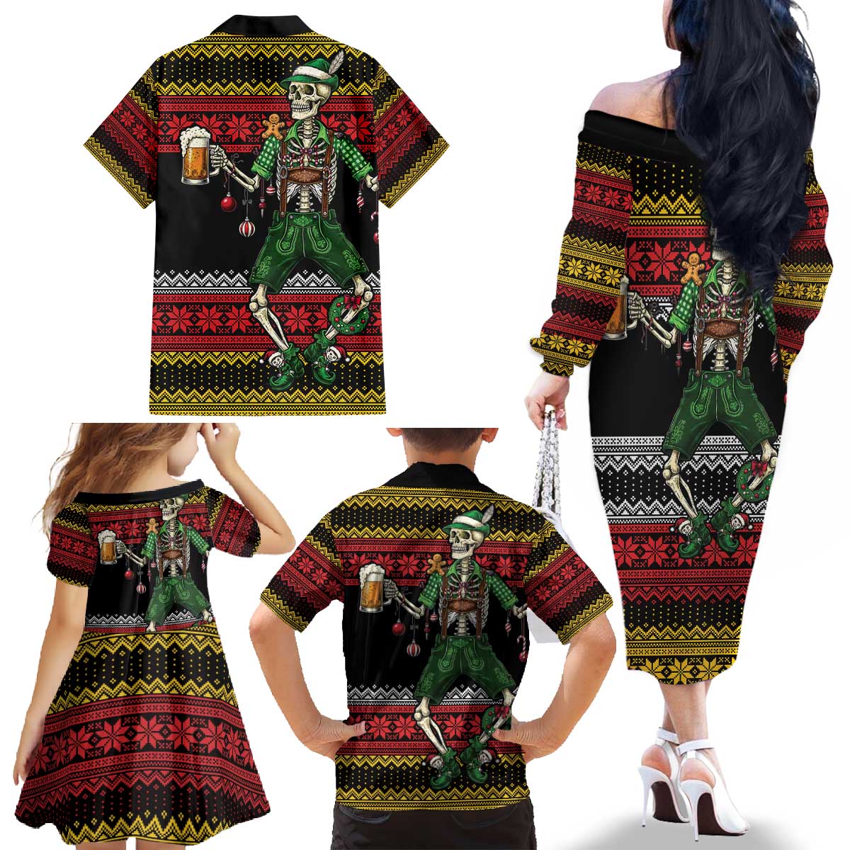 Lederhosen Skeleton Dance Family Matching Off The Shoulder Long Sleeve Dress and Hawaiian Shirt Bavarian Gothic Christmas - Wonder Print Shop