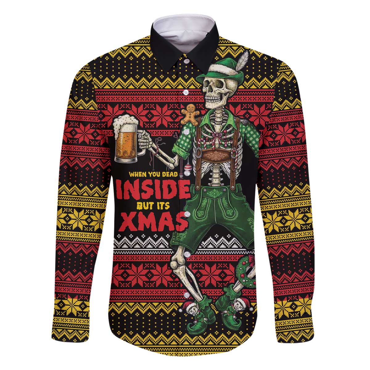 Lederhosen Skeleton Dance Family Matching Off The Shoulder Long Sleeve Dress and Hawaiian Shirt Bavarian Gothic Christmas - Wonder Print Shop