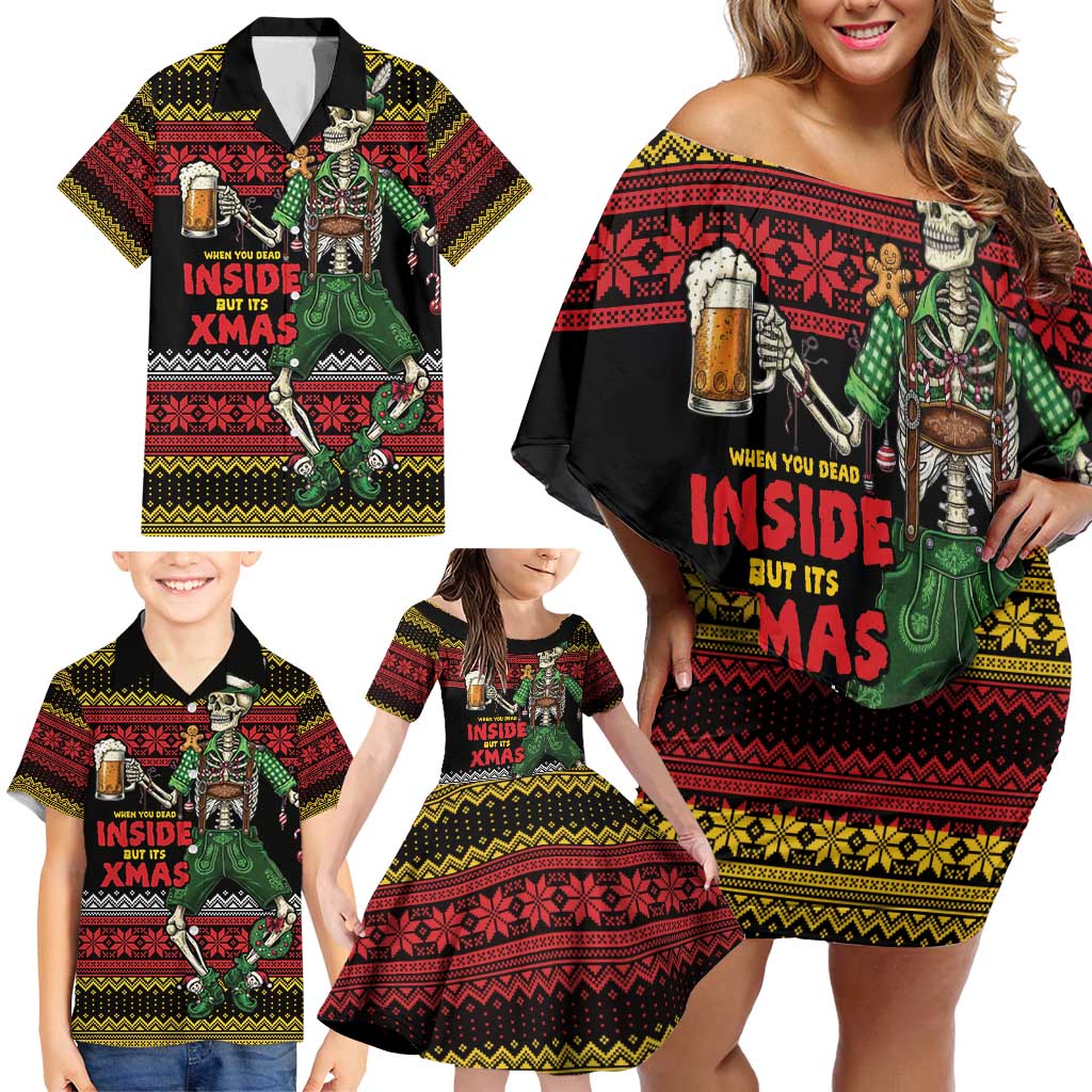 Lederhosen Skeleton Dance Family Matching Off Shoulder Short Dress and Hawaiian Shirt Bavarian Gothic Christmas - Wonder Print Shop