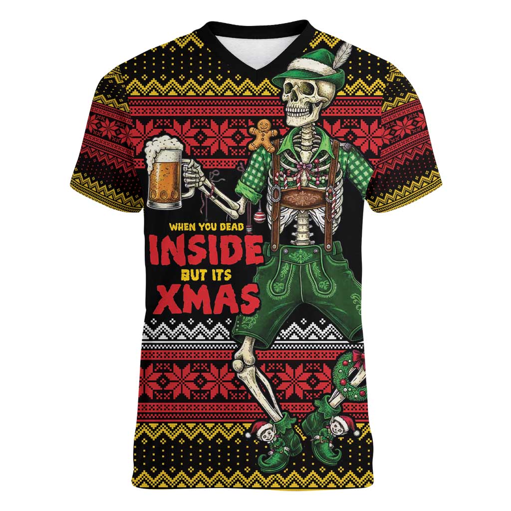 Lederhosen Skeleton Dance Women V-Neck T-Shirt Bavarian Gothic Christmas - Wonder Print Shop