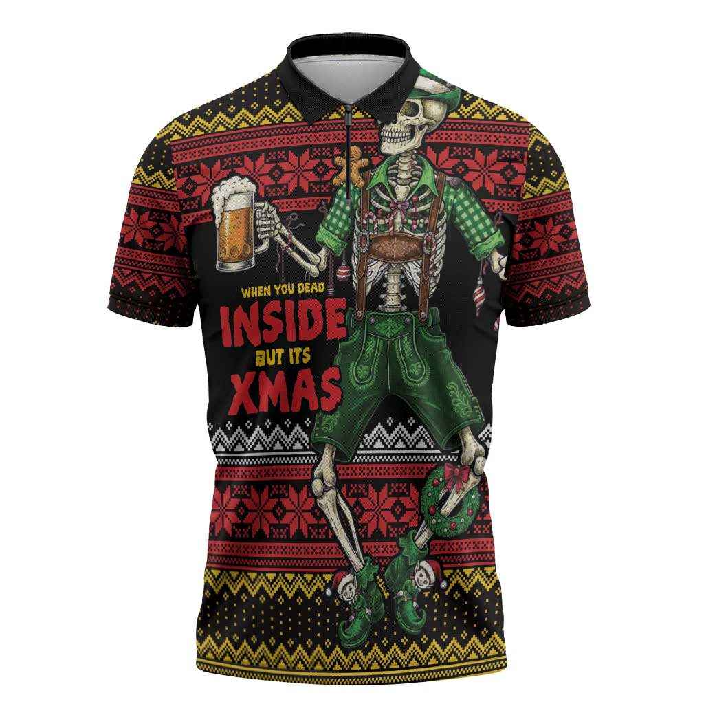 Lederhosen Skeleton Dance Zipper Polo Shirt Bavarian Gothic Christmas - Wonder Print Shop