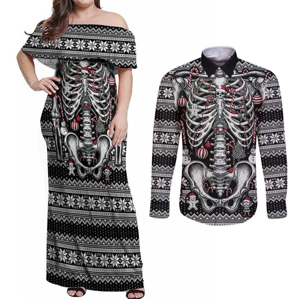 Merry Creepmas Couples Matching Off Shoulder Maxi Dress and Long Sleeve Button Shirt Bone to be Jolly - Wonder Print Shop