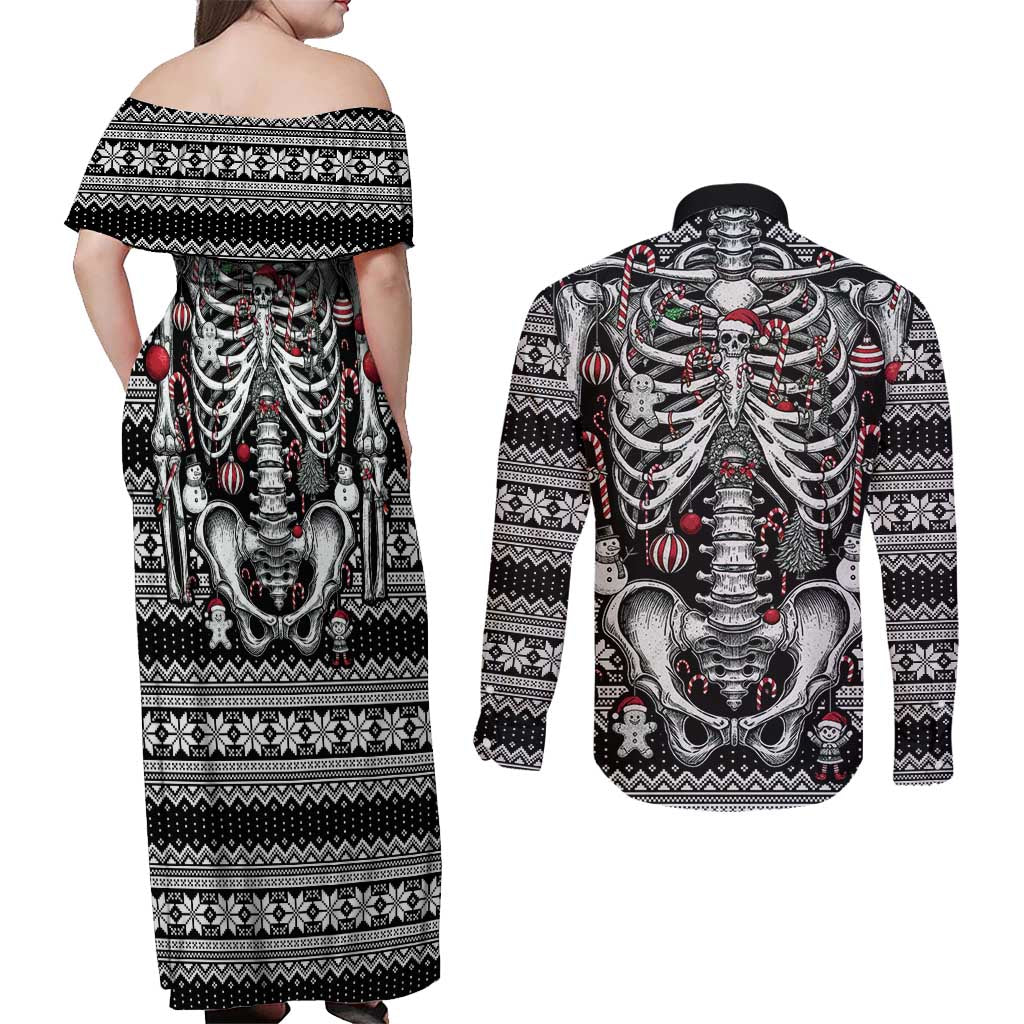 Merry Creepmas Couples Matching Off Shoulder Maxi Dress and Long Sleeve Button Shirt Bone to be Jolly - Wonder Print Shop