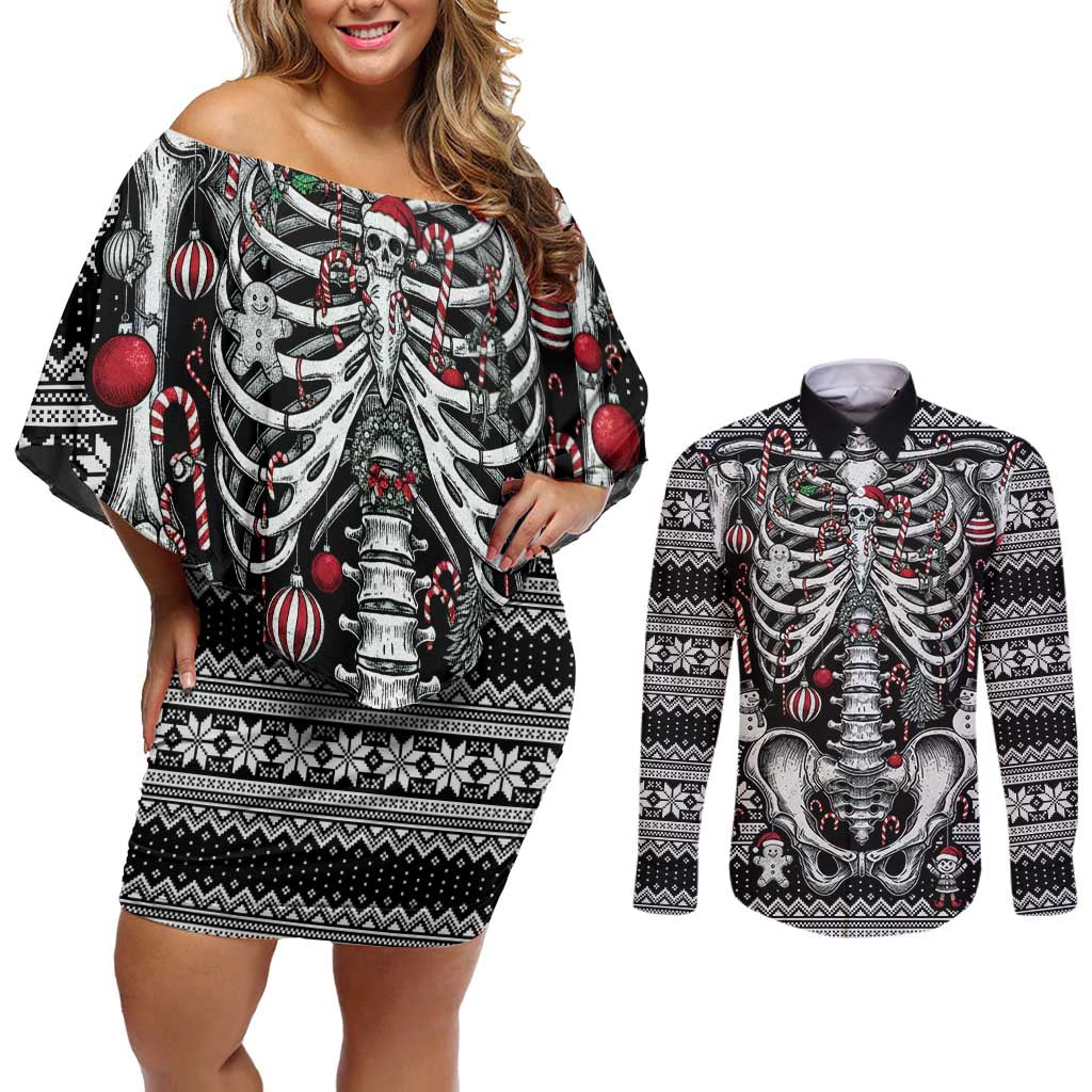 Merry Creepmas Couples Matching Off Shoulder Short Dress and Long Sleeve Button Shirt Bone to be Jolly - Wonder Print Shop