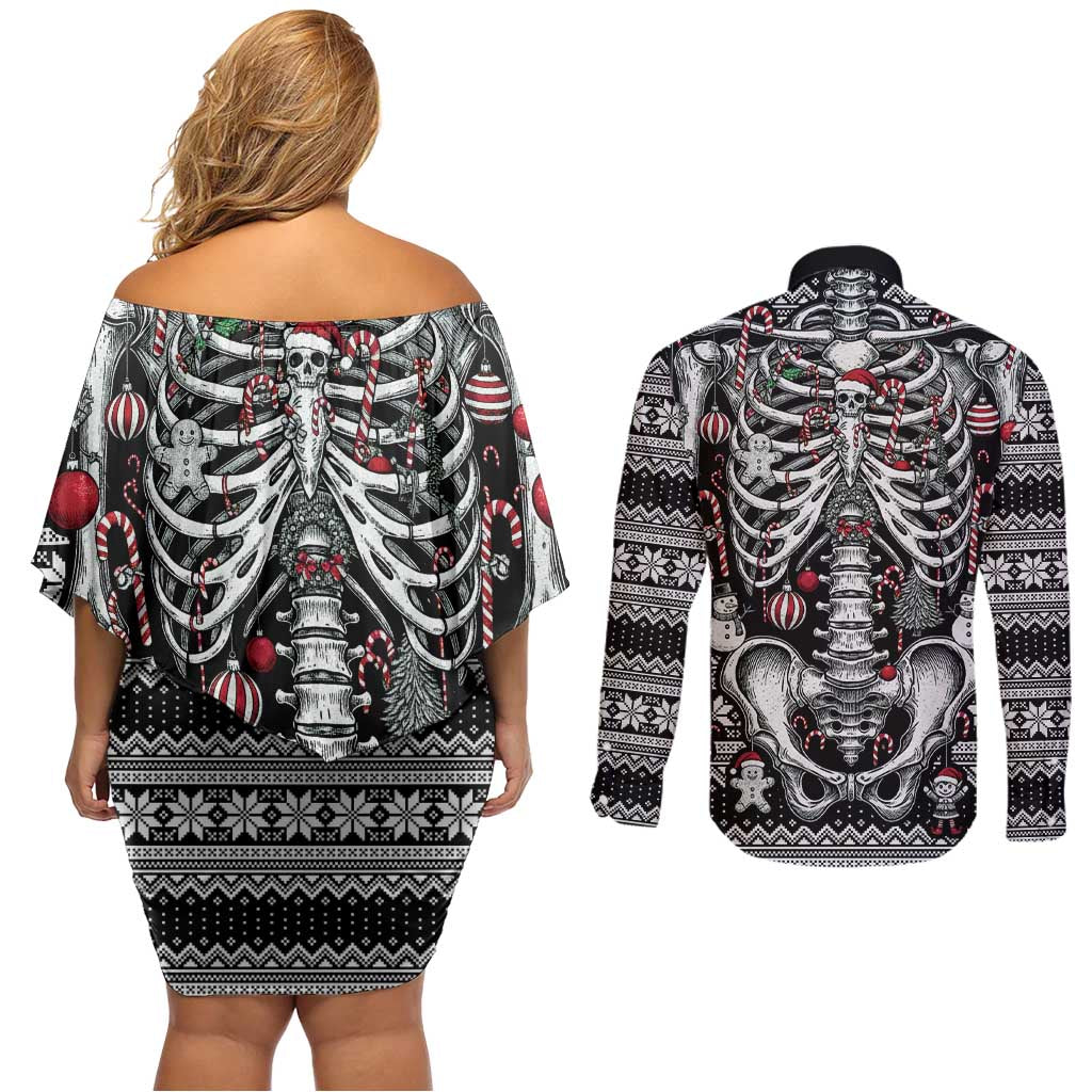 Merry Creepmas Couples Matching Off Shoulder Short Dress and Long Sleeve Button Shirt Bone to be Jolly - Wonder Print Shop