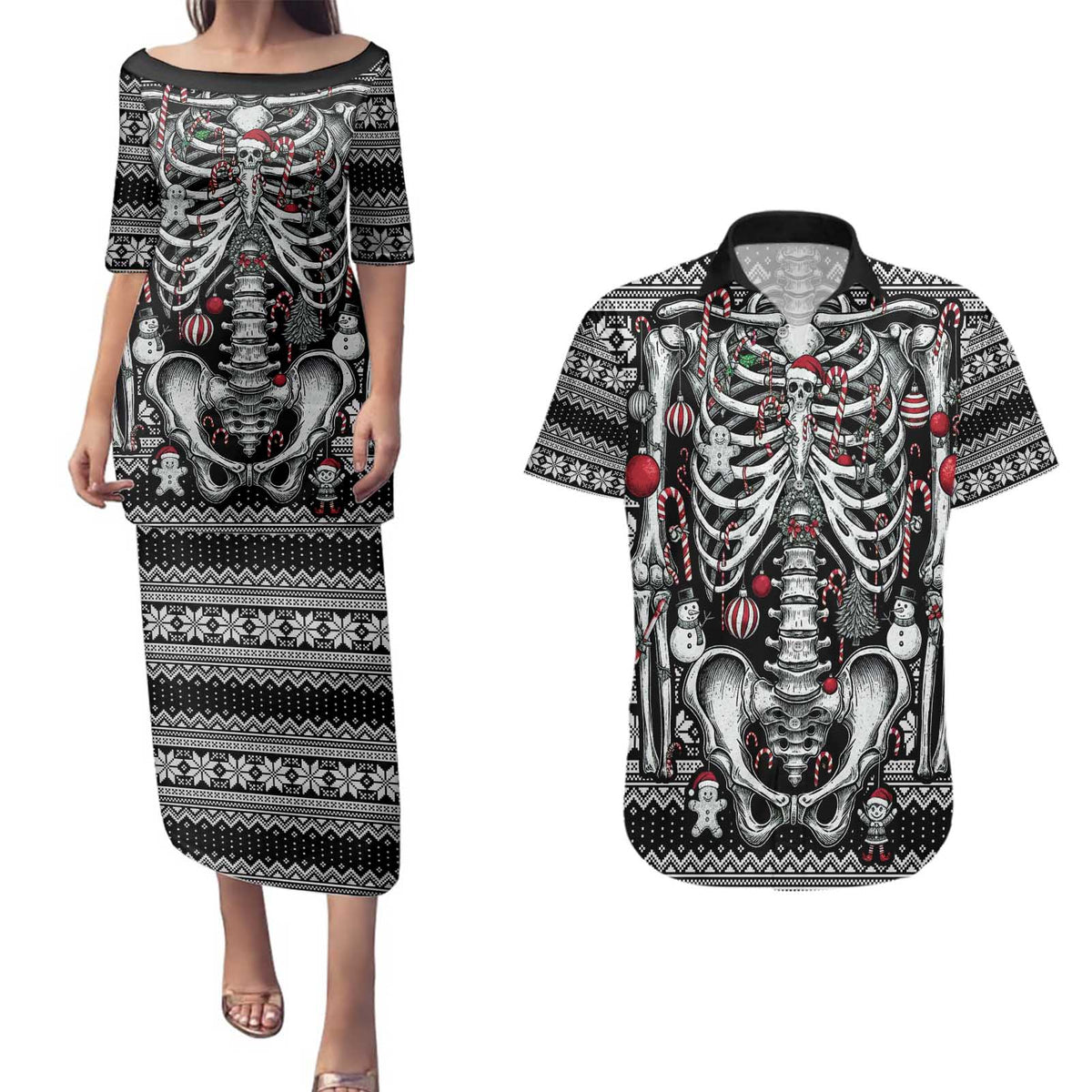 Merry Creepmas Couples Matching Puletasi and Hawaiian Shirt Bone to be Jolly - Wonder Print Shop