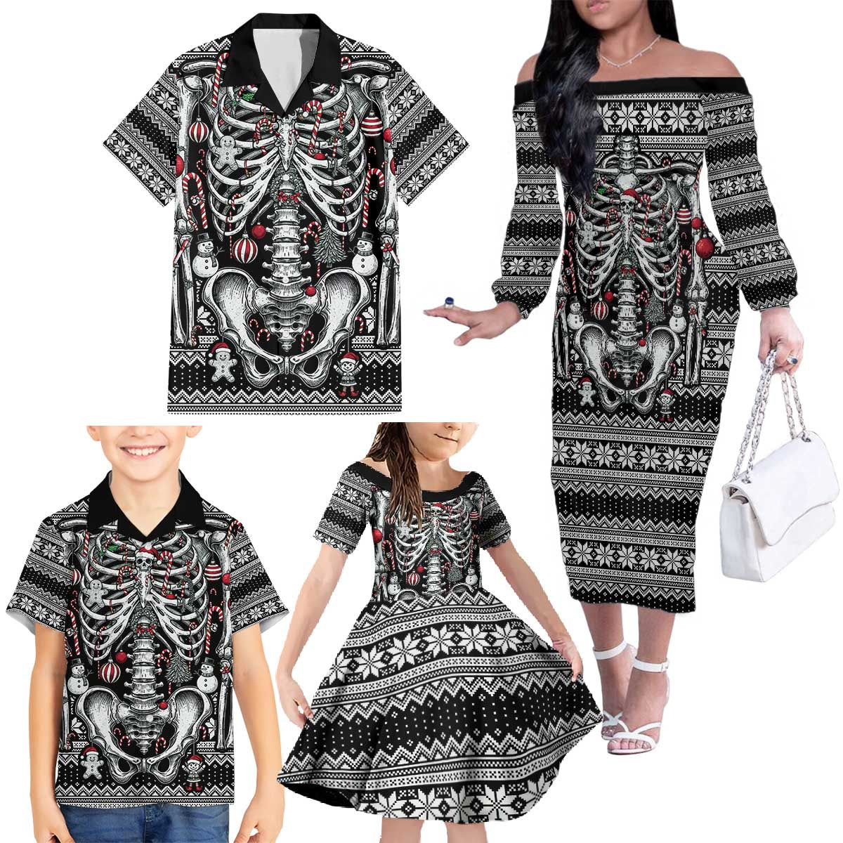 Merry Creepmas Family Matching Off The Shoulder Long Sleeve Dress and Hawaiian Shirt Bone to be Jolly - Wonder Print Shop