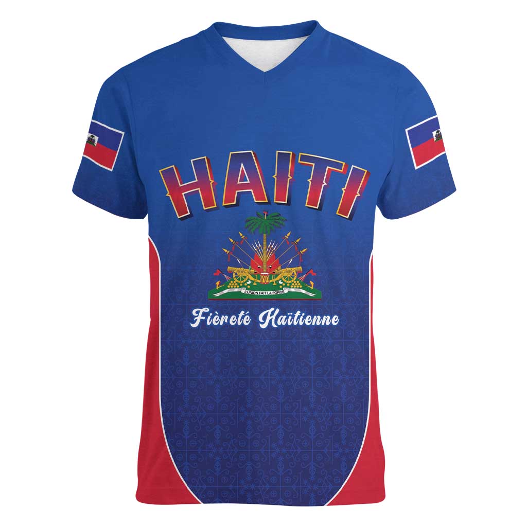 World Football Haiti 2026 Women V-Neck T-Shirt Haiti est de Retour Blue Voodoo Veve Spirits - Wonder Print Shop