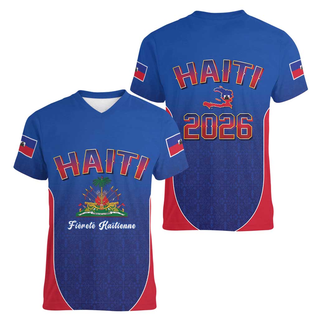 World Football Haiti 2026 Women V-Neck T-Shirt Haiti est de Retour Blue Voodoo Veve Spirits - Wonder Print Shop