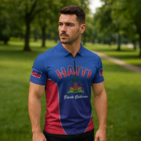 World Football Haiti 2026 Zipper Polo Shirt Haiti est de Retour Blue Voodoo Veve Spirits - Wonder Print Shop