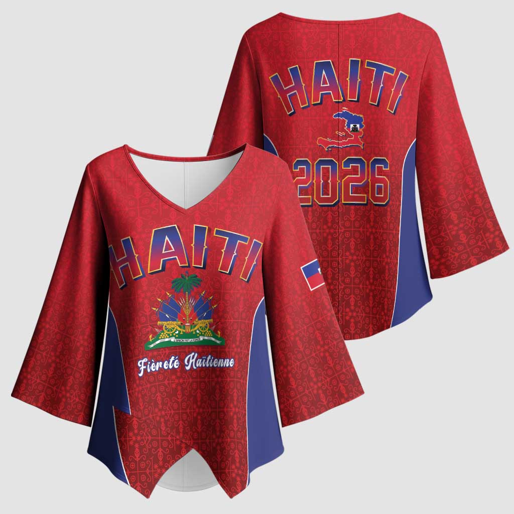 World Football Haiti 2026 Kimono Sleeve Blouse Haiti est de Retour Red Voodoo Veve Spirits - Wonder Print Shop
