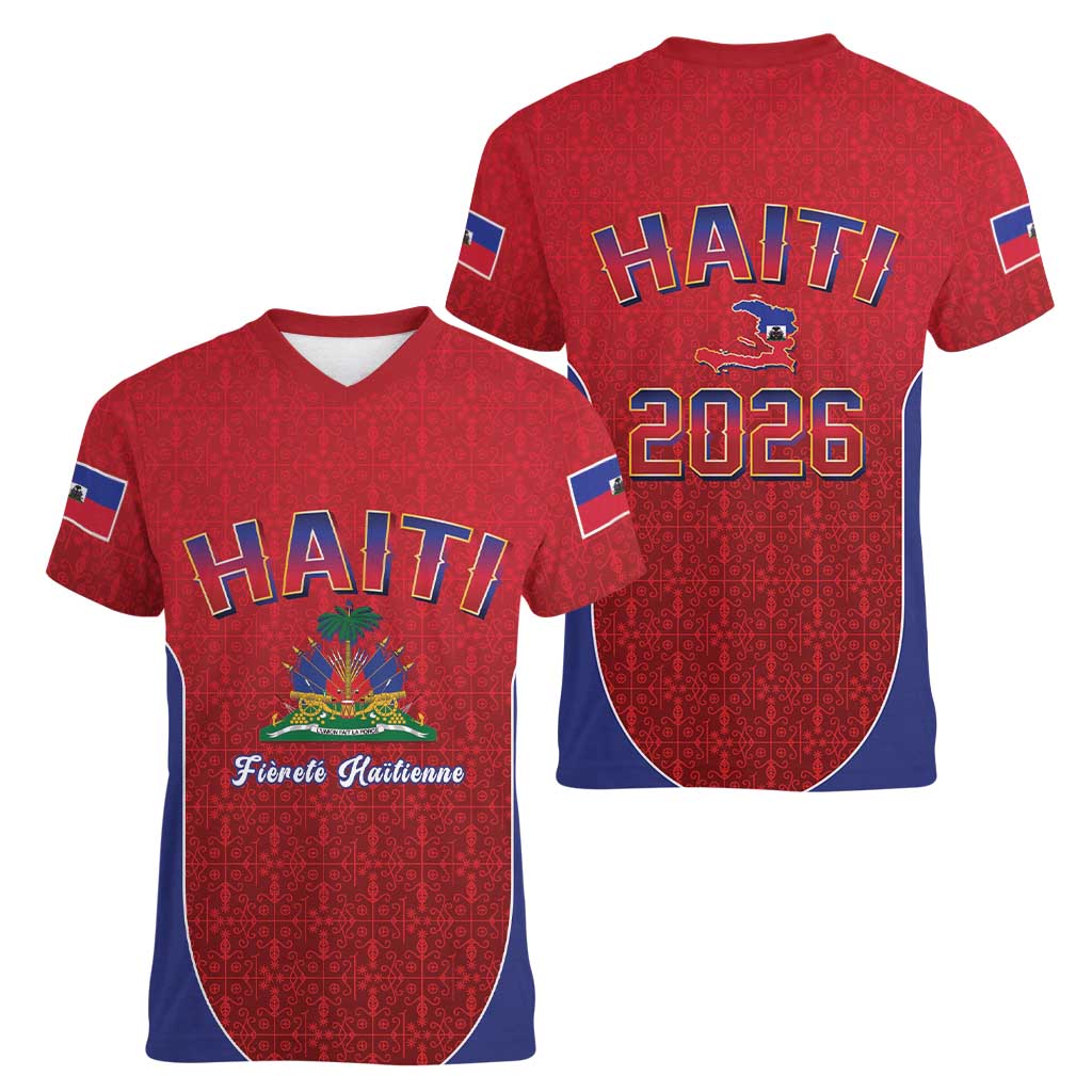 World Football Haiti 2026 Women V-Neck T-Shirt Haiti est de Retour Red Voodoo Veve Spirits - Wonder Print Shop