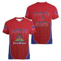 World Football Haiti 2026 Women V-Neck T-Shirt Haiti est de Retour Red Voodoo Veve Spirits - Wonder Print Shop