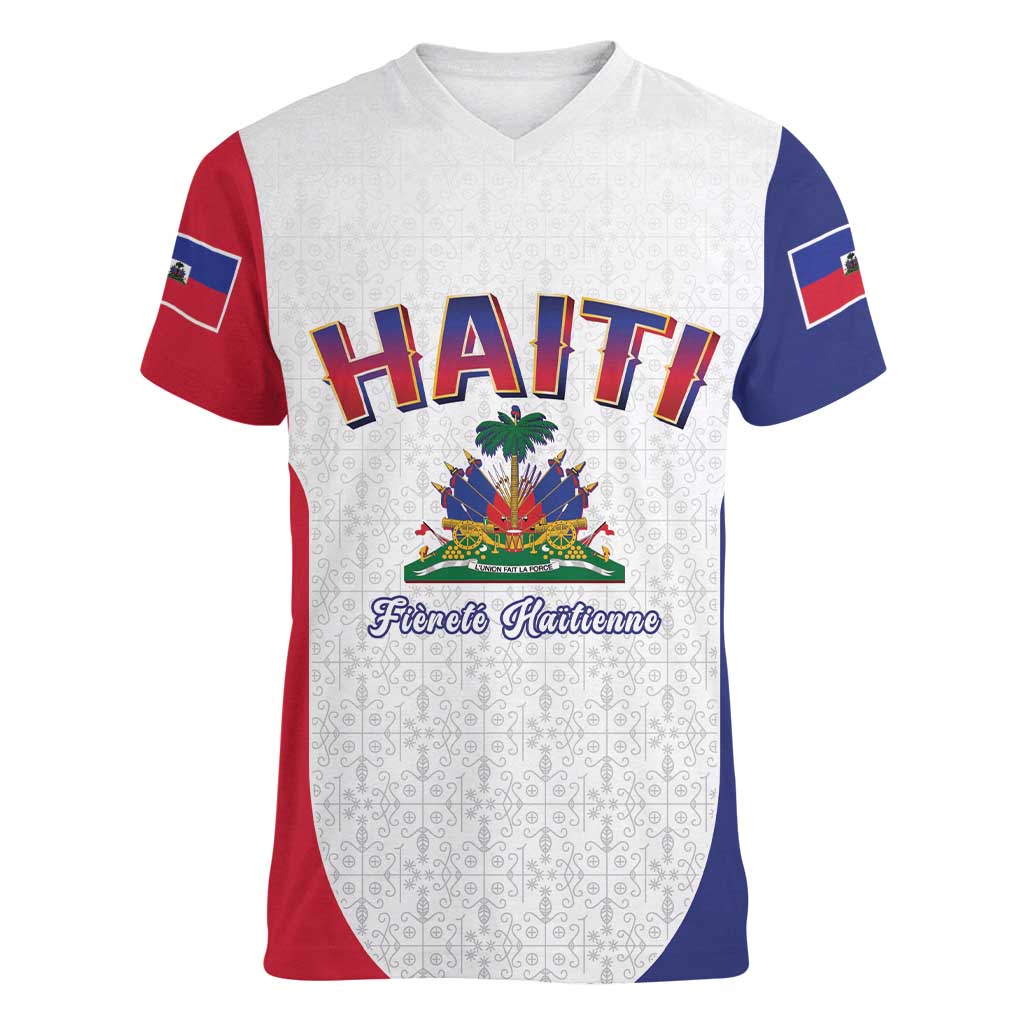 World Football Haiti 2026 Women V-Neck T-Shirt Haiti est de Retour White Voodoo Veve Spirits - Wonder Print Shop