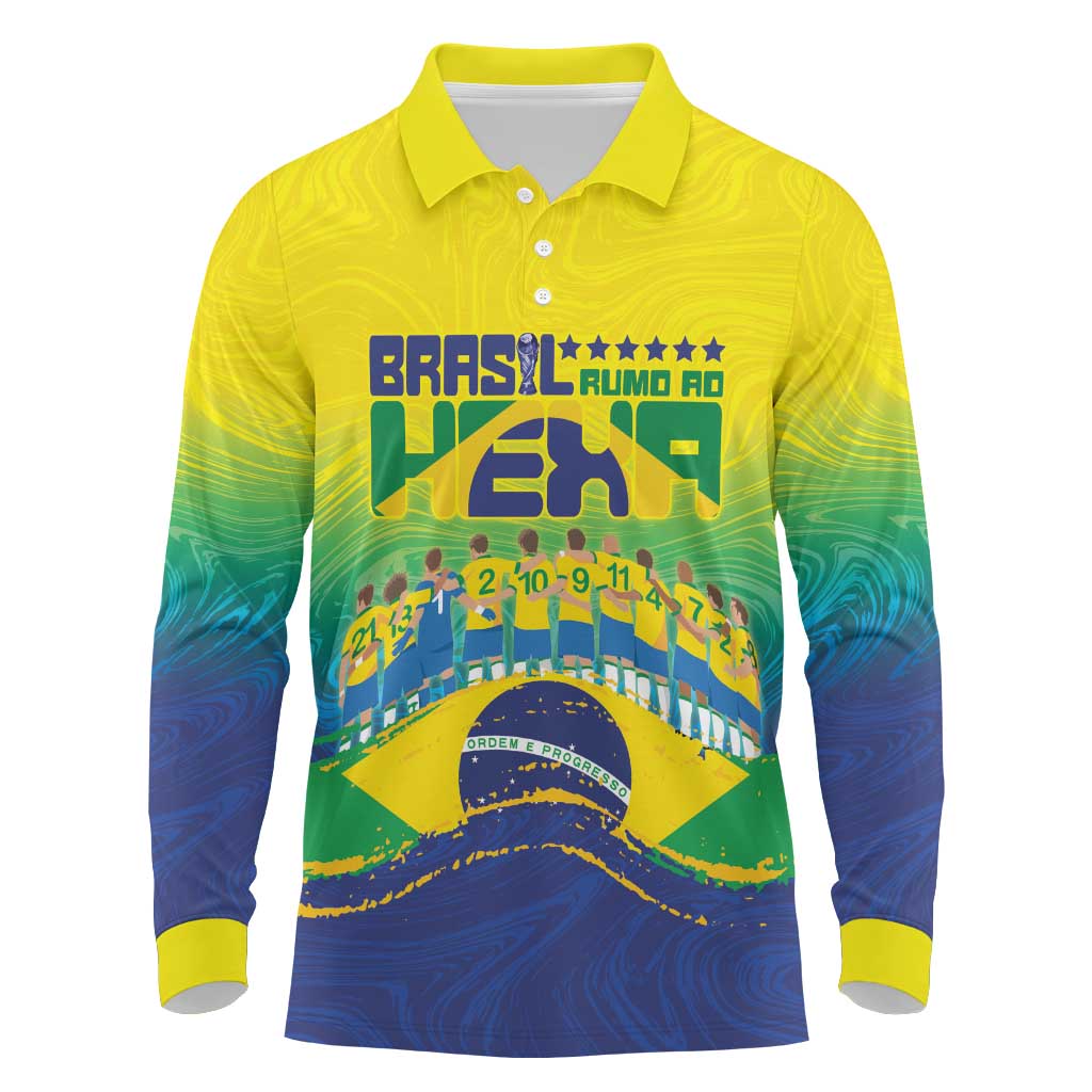 Custom Brazil WC26 Future Champions Long Sleeve Polo Shirt Brasil Rumo Ao Hexa - Wonder Print Shop