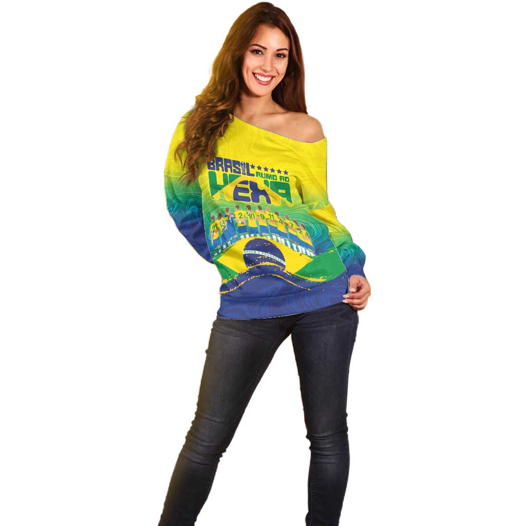 Custom Brazil WC26 Future Champions Off Shoulder Sweater Brasil Rumo Ao Hexa - Wonder Print Shop