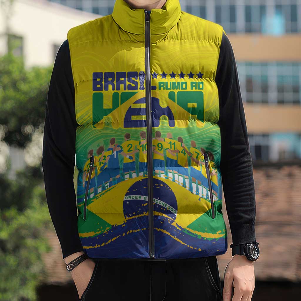 Custom Brazil WC26 Future Champions Sleeveless Puffer Jacket Brasil Rumo Ao Hexa - Wonder Print Shop