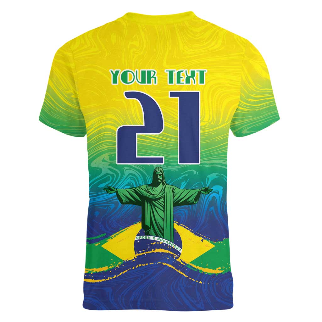 Custom Brazil WC26 Future Champions Women V-Neck T-Shirt Brasil Rumo Ao Hexa - Wonder Print Shop