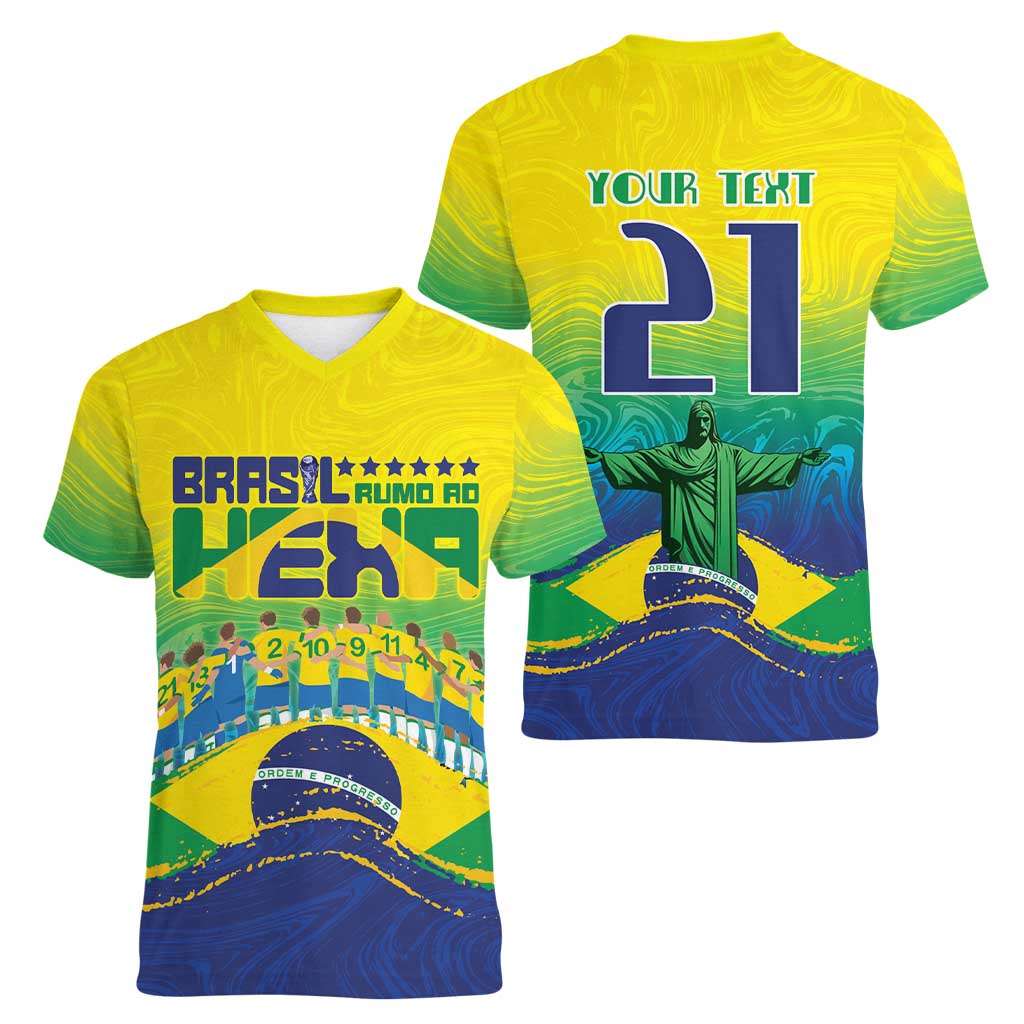 Custom Brazil WC26 Future Champions Women V-Neck T-Shirt Brasil Rumo Ao Hexa - Wonder Print Shop