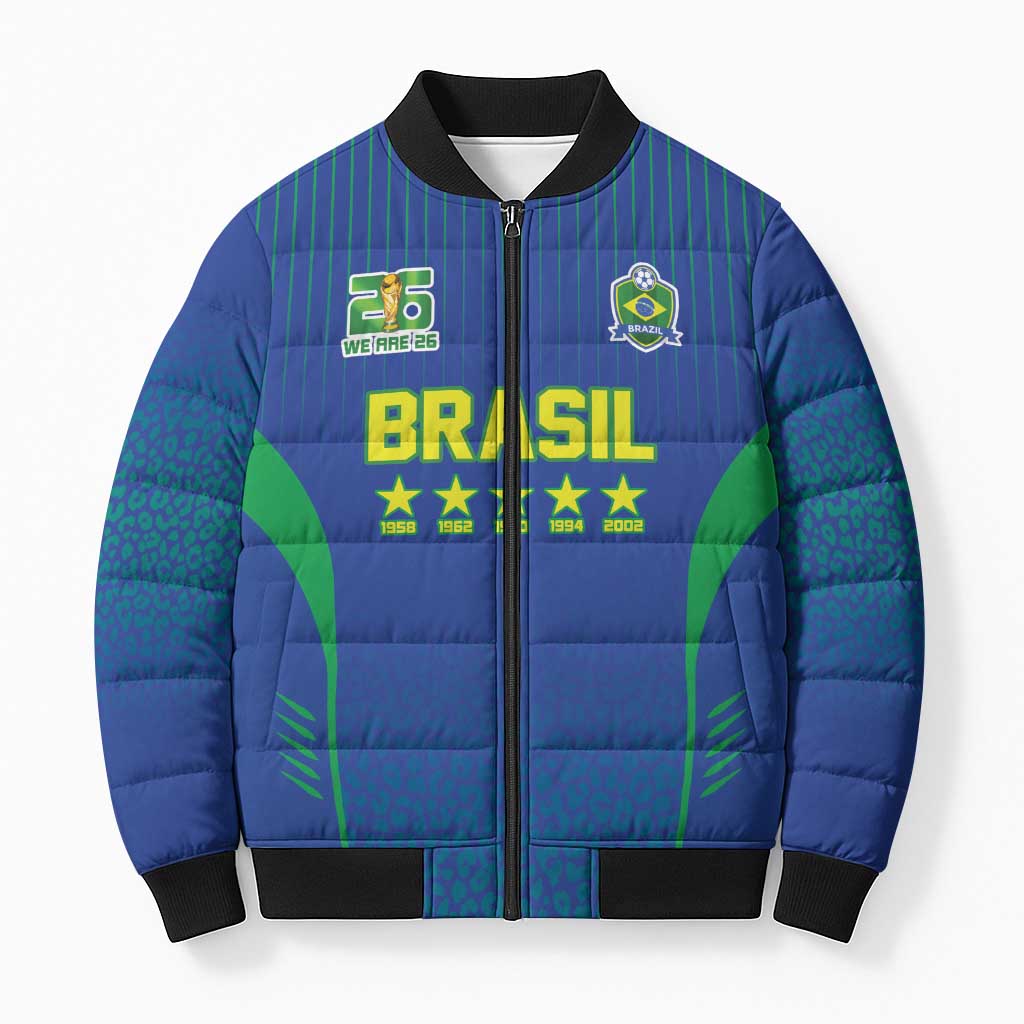 Custom Brazil World Football Legacy Bomber Puffer Jacket 5 Times History Champions Blue Version - Wonder Print Shop