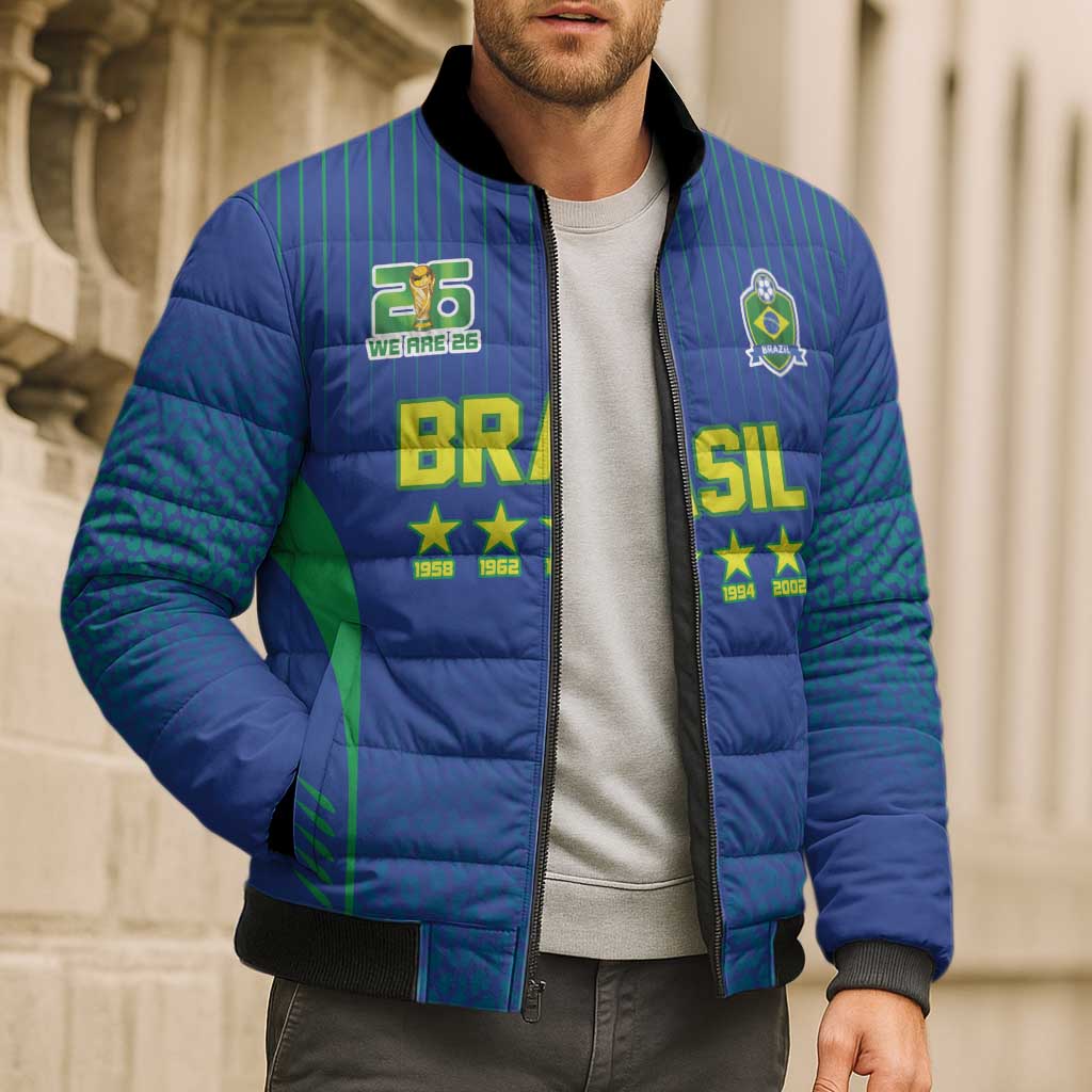 Custom Brazil World Football Legacy Bomber Puffer Jacket 5 Times History Champions Blue Version - Wonder Print Shop