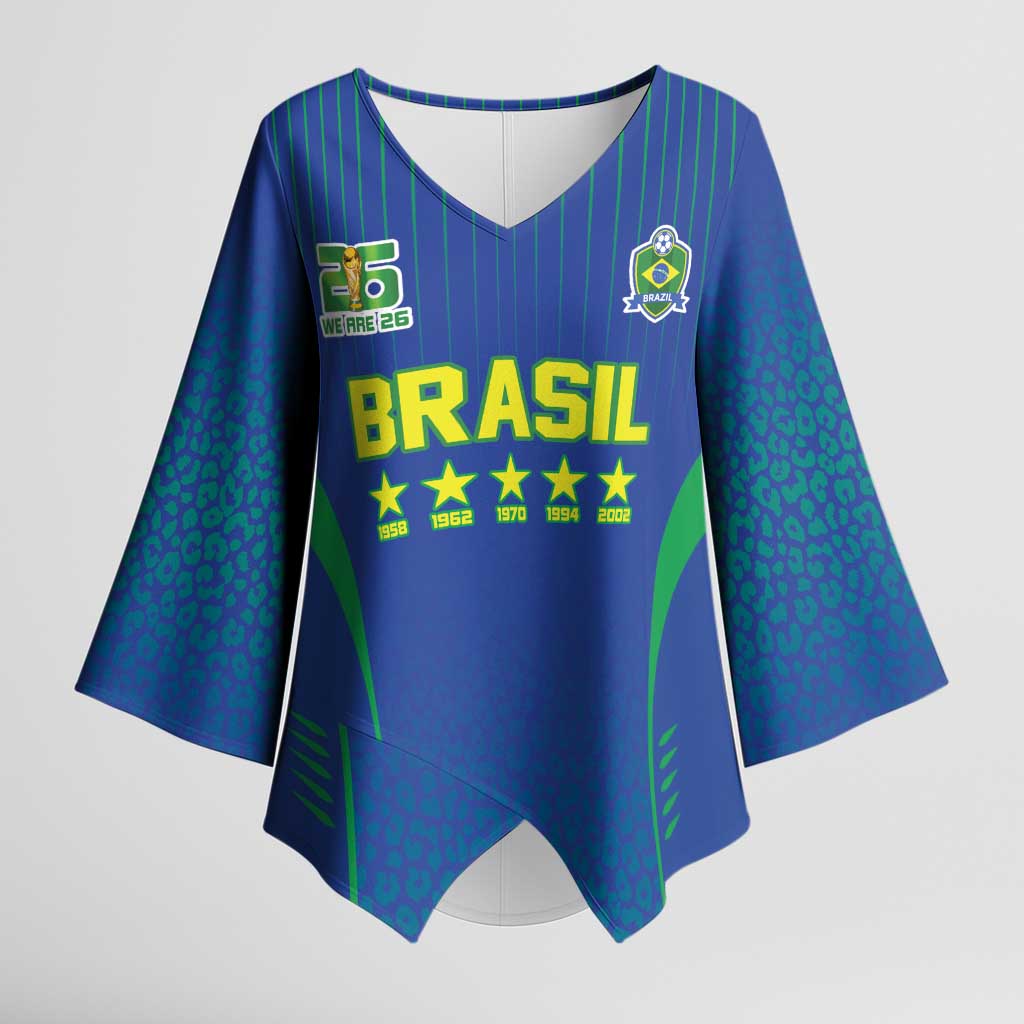 Custom Brazil World Football Legacy Kimono Sleeve Blouse 5 Times History Champions Blue Version - Wonder Print Shop