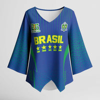Custom Brazil World Football Legacy Kimono Sleeve Blouse 5 Times History Champions Blue Version - Wonder Print Shop