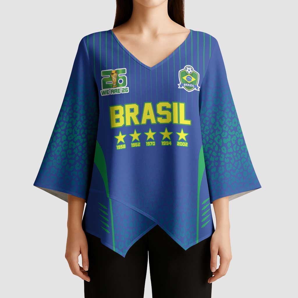 Custom Brazil World Football Legacy Kimono Sleeve Blouse 5 Times History Champions Blue Version - Wonder Print Shop