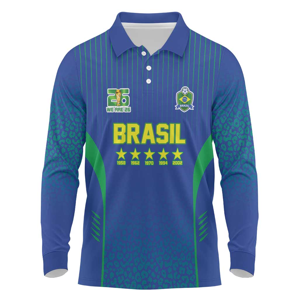 Custom Brazil World Football Legacy Long Sleeve Polo Shirt 5 Times History Champions Blue Version - Wonder Print Shop