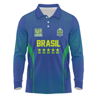 Custom Brazil World Football Legacy Long Sleeve Polo Shirt 5 Times History Champions Blue Version - Wonder Print Shop