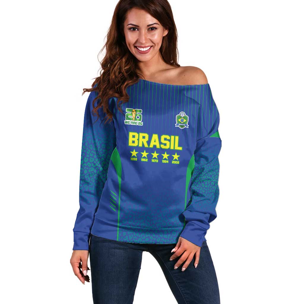Custom Brazil World Football Legacy Off Shoulder Sweater 5 Times History Champions Blue Version - Wonder Print Shop