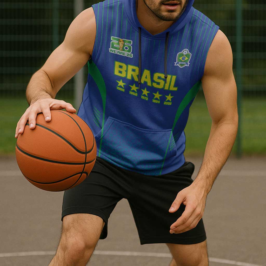 Custom Brazil World Football Legacy Sleeveless Hoodie 5 Times History Champions Blue Version - Wonder Print Shop