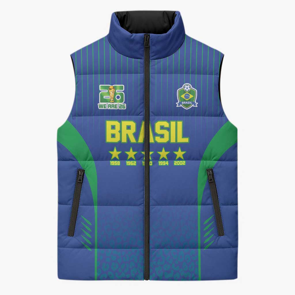 Custom Brazil World Football Legacy Sleeveless Puffer Jacket 5 Times History Champions Blue Version - Wonder Print Shop